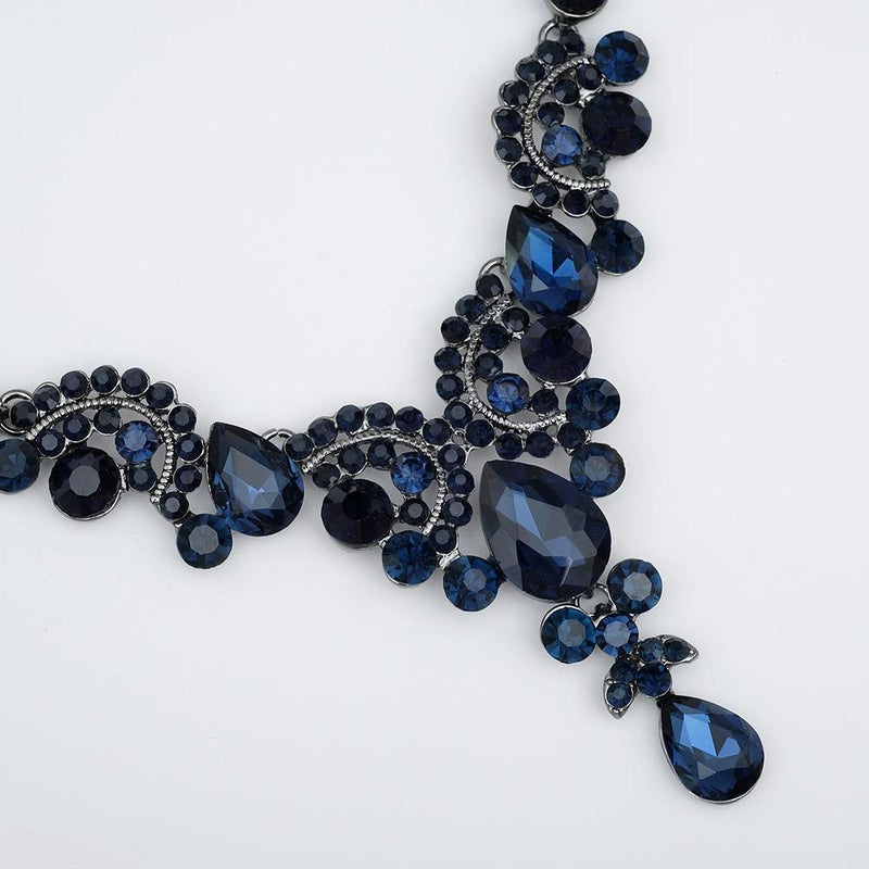 CSY 4 Pcs/Sets Vintage Necklace Earrings Bracelet Ring Retro Bridal Wedding Costume Jewelry Sets for Brides Women Gifts (Navy Blue) - Image 4